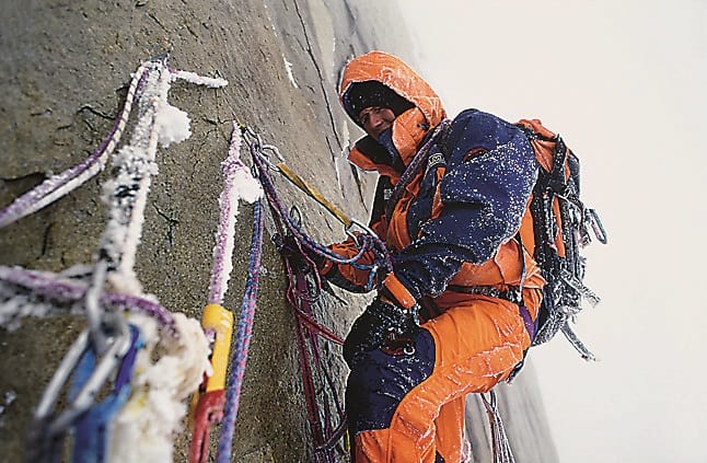 First "Eiger Extreme" Collection 1995: Stephan Siegrist at the belay at the Kompressor during an ascent of the Kompressor Route on Cerro Torre together with Thomas Ulrich.