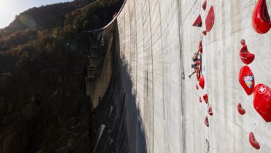 Jessica Pilz of Austria climbs the 180m multi-pitch man made route at the Verzasca Dam during the final of Red Bull Dual Ascent in Verzasca, Switzerland on November 02, 2024. // Matteo Mocellin / Red Bull Content Pool // SI202411020466 // Usage for editorial use only //