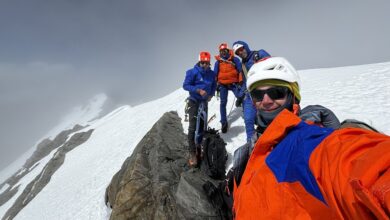 The four mountaineers on the summit of Bhagirathi III, Himalayas, India. ©Hugo Beguin