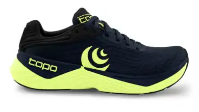 Fast running shoe with breathable mesh and cushioned sole for outdoor activities.
