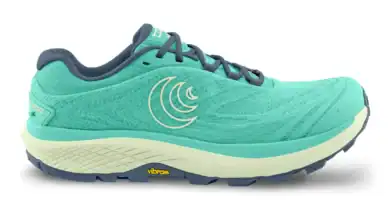 Lightweight turquoise trail running shoe with Vibram sole for outdoor adventures.