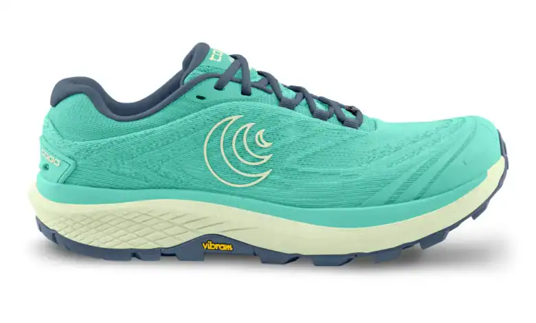 Lightweight turquoise trail running shoe with Vibram sole for outdoor adventures.