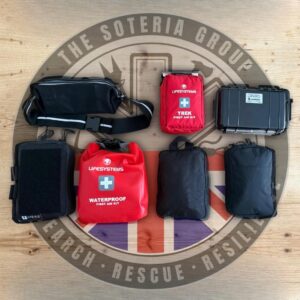 First aid emergency kit, waterproof bag, first aid supplies, outdoor rescue equipment for camping and hiking.