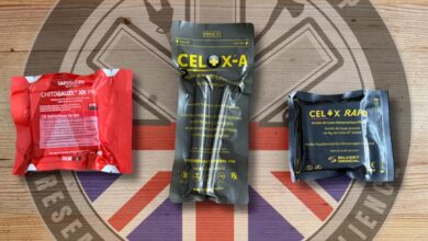 Emergency medical supplies for outdoor rescue scenarios on wooden surface with UK flag logo background.