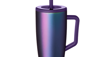 Shimmering purple insulated travel mug with lid and straw for outdoor adventures and coffee on the go.