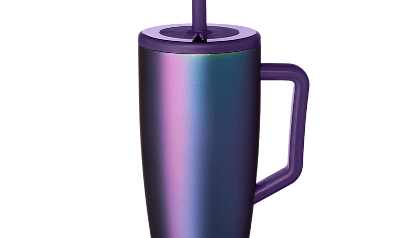 Shimmering purple insulated travel mug with lid and straw for outdoor adventures and coffee on the go.