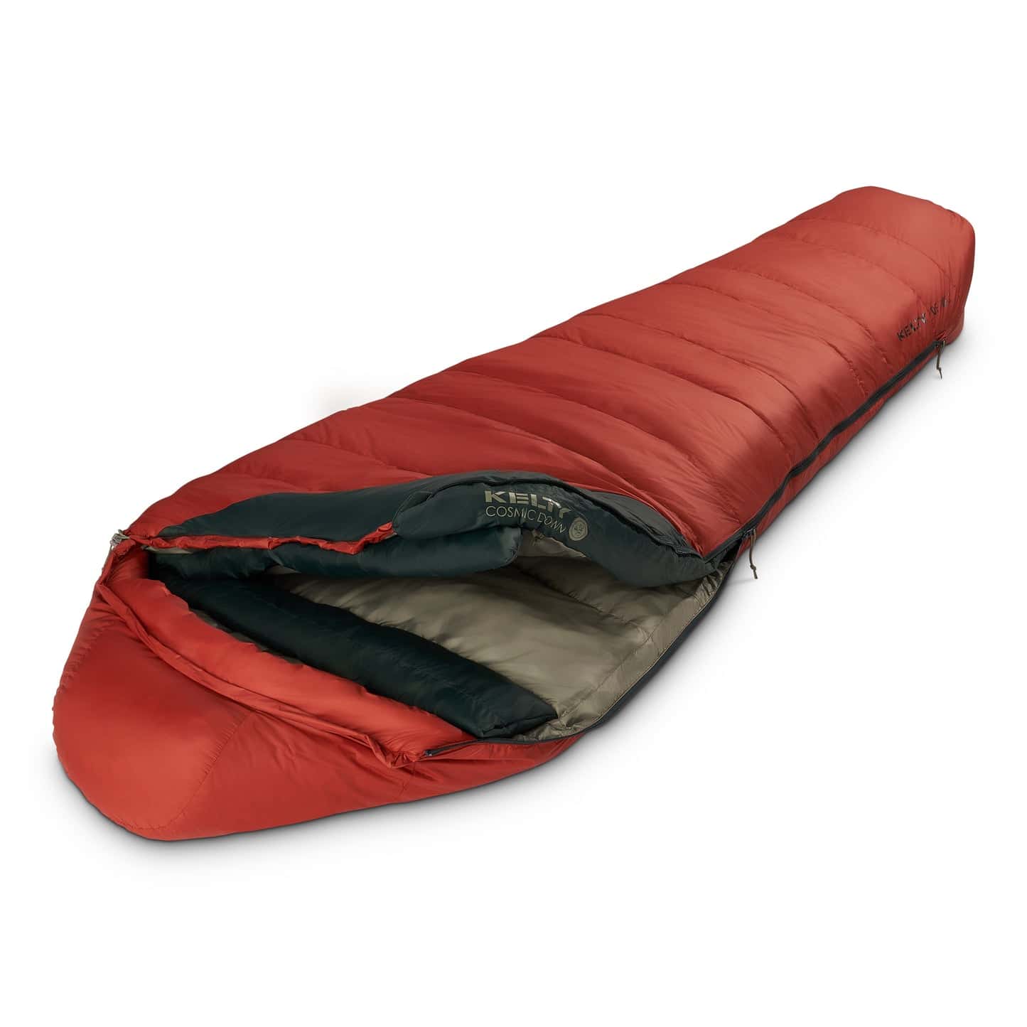 Warm red mummy sleeping bag for wild camping and outdoor adventures.