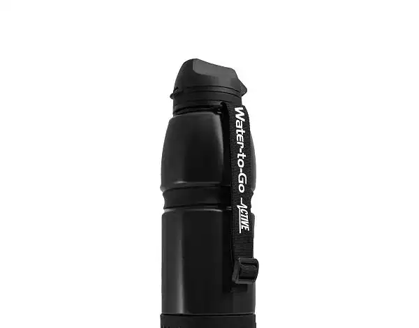 Waterproof travel flask with strap for outdoor adventures and hiking.