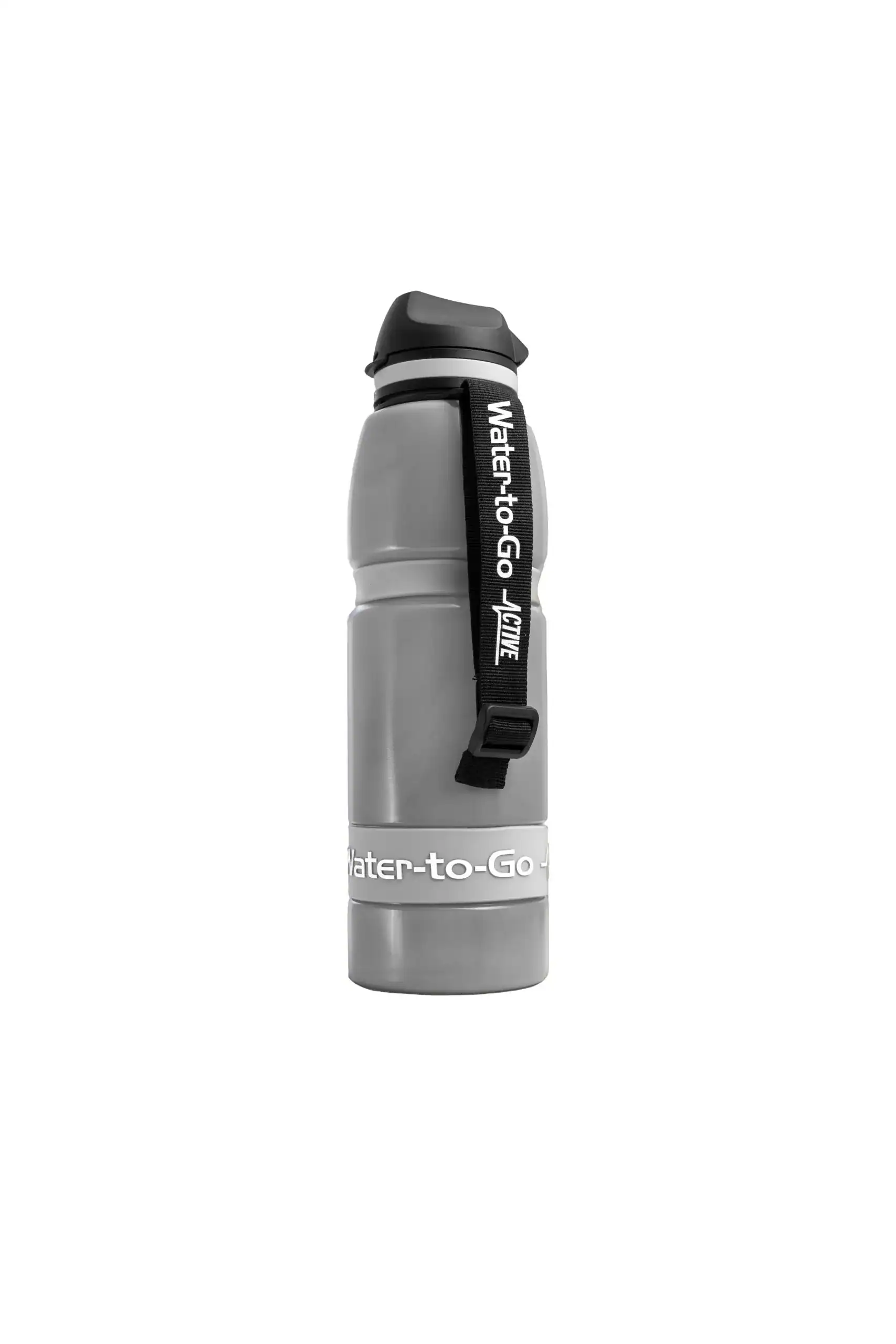 Stainless steel water bottle with strap for outdoor activities and hiking, leak-proof hydration accessory.