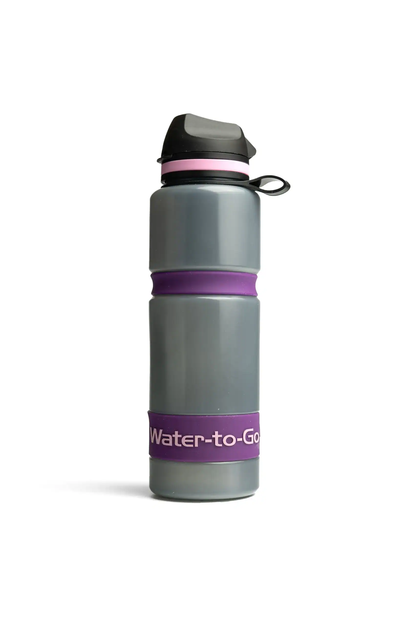 1. Reusable grey and purple water bottle with leak-proof lid for outdoor adventures.