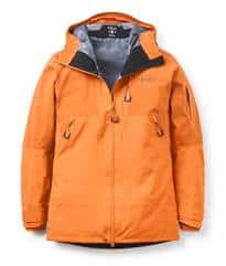 Bright orange outdoor waterproof jacket with adjustable hood and multiple zippered pockets.
