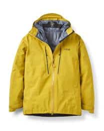 Bright yellow outdoor waterproof jacket with hood and multiple pockets for hiking and adventure.