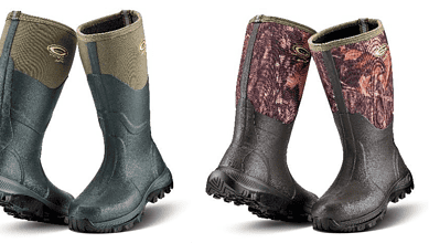 Waterproof hunting boots with durable rubber soles for outdoor activities.