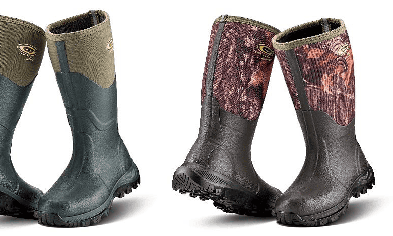 Waterproof hunting boots with durable rubber soles for outdoor activities.