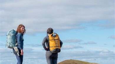 Backpacking hikers enjoying scenic outdoor landscape in countryside, hillwalking, adventure travel, nature exploration, outdoor activity, trekking, camping, outdoor gear, hiking trail, walking adventure.