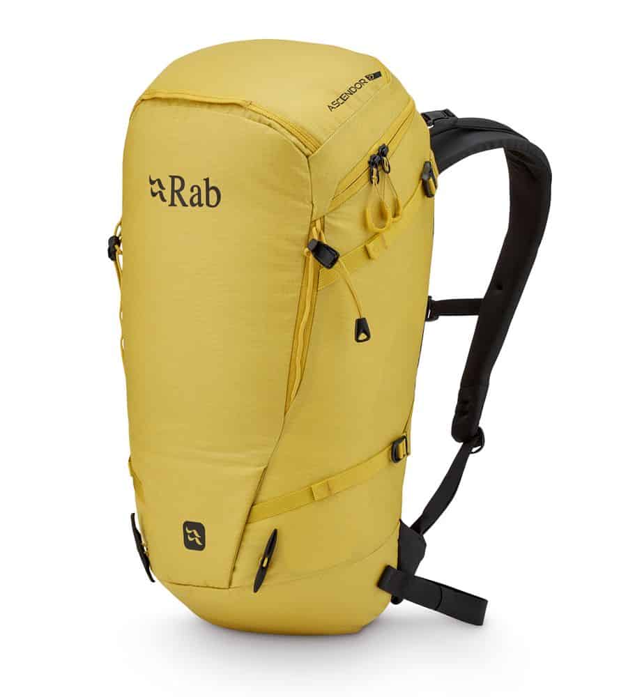 Lightweight yellow hiking backpack with multiple compartments and adjustable straps.