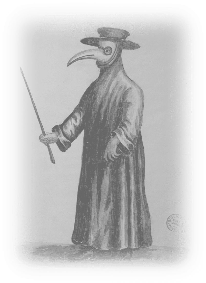 Ancient plague doctor figure with bird mask, hat, and medical staff, vintage black and white illustration.