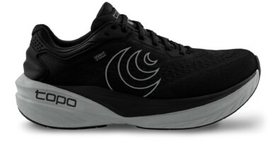 Lightweight black running shoe with moon logo, designed for outdoor trail running and waterproof performance.