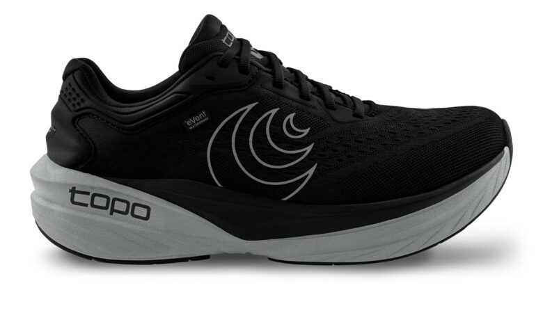 Lightweight black running shoe with moon logo, designed for outdoor trail running and waterproof performance.