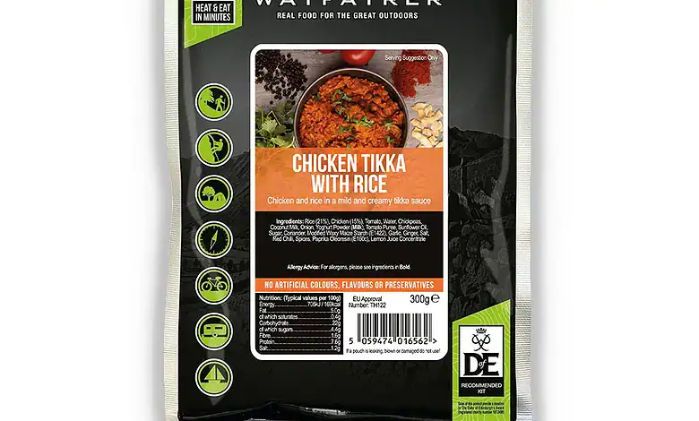Nutritious outdoor ready meal for camping and hiking: Chicken Tikka with Rice.