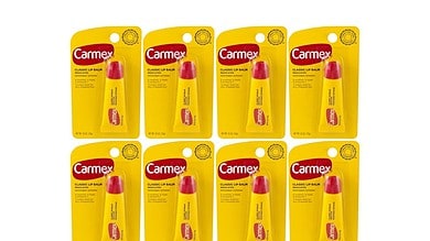 Carmex classic lip balm medicated, yellow packaging, 12 tubes for dry chapped lips.
