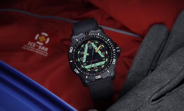 Shock-resistant outdoor tactical watch with luminous dial and rotating bezel.