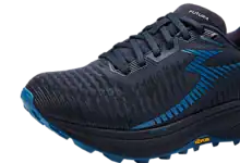 Breathable black and blue running shoe with Vibram sole, ideal for trail running and outdoor workouts.