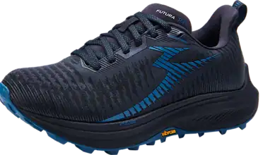 Breathable black and blue running shoe with Vibram sole, ideal for trail running and outdoor workouts.