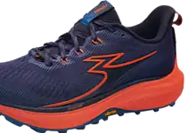 Lightweight navy and orange trail running shoe with Vibram sole for outdoor activities.