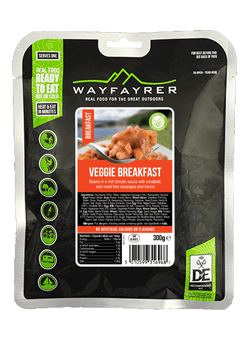 Vegetarian breakfast sausage snack packaged for outdoor camping or hiking, vegan-friendly, 300g.