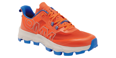 Durable orange outdoor trail running shoe with grip for hiking and trail running.