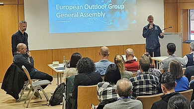 Innovative outdoor gear presentation at European Outdoor Group General Assembly, December 2025.