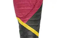 Warm red and black sleeping bag with Sierra Designs logo, ideal for outdoor camping and hiking.