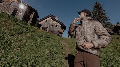 Sliding doors, warm outdoor jacket, nature, hiking, outdoor adventure, mountain, rural, sunny, sunshine, exploring, scenic, lifestyle, outdoor exploration, autumn, mountain village.
