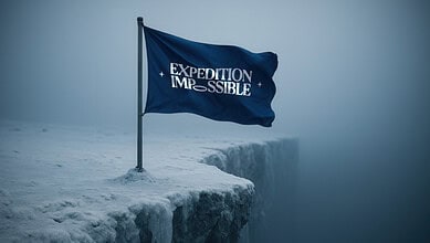 Bold blue flag with "Expedition Impossible" slogan blowing on icy cliff edge in winter landscape.