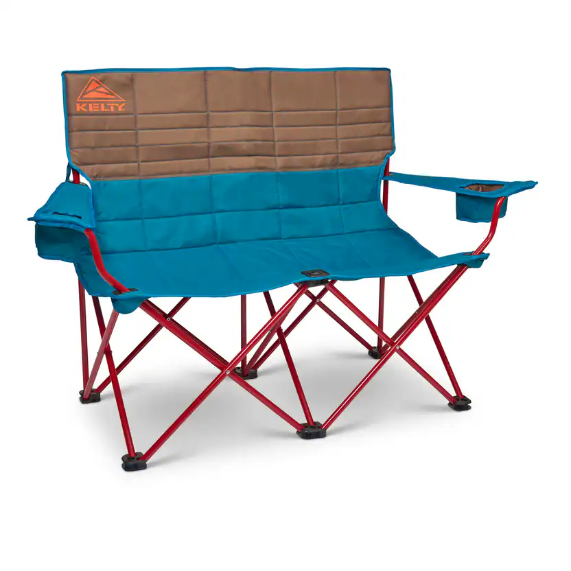 1. Foldable outdoor camping bench with cup holders and padded backrest in blue and brown.