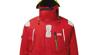 Performance red waterproof ski jacket with hood, designed for outdoor winter sports and safety.