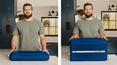 Man demonstrating portable outdoor storage box in modern kitchen.