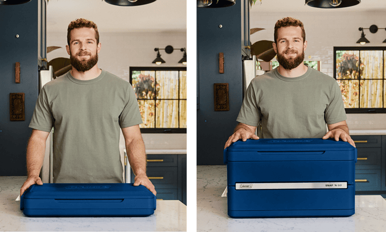 Man demonstrating portable outdoor storage box in modern kitchen.
