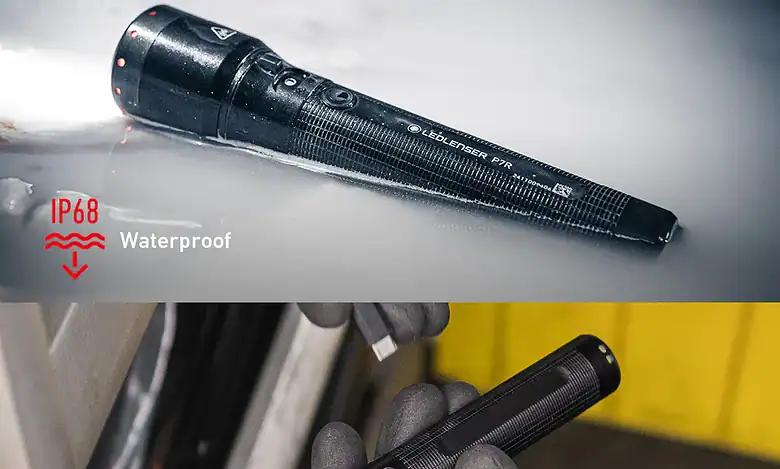 Waterproof LED torch with IP68 rating for rugged outdoor activities.