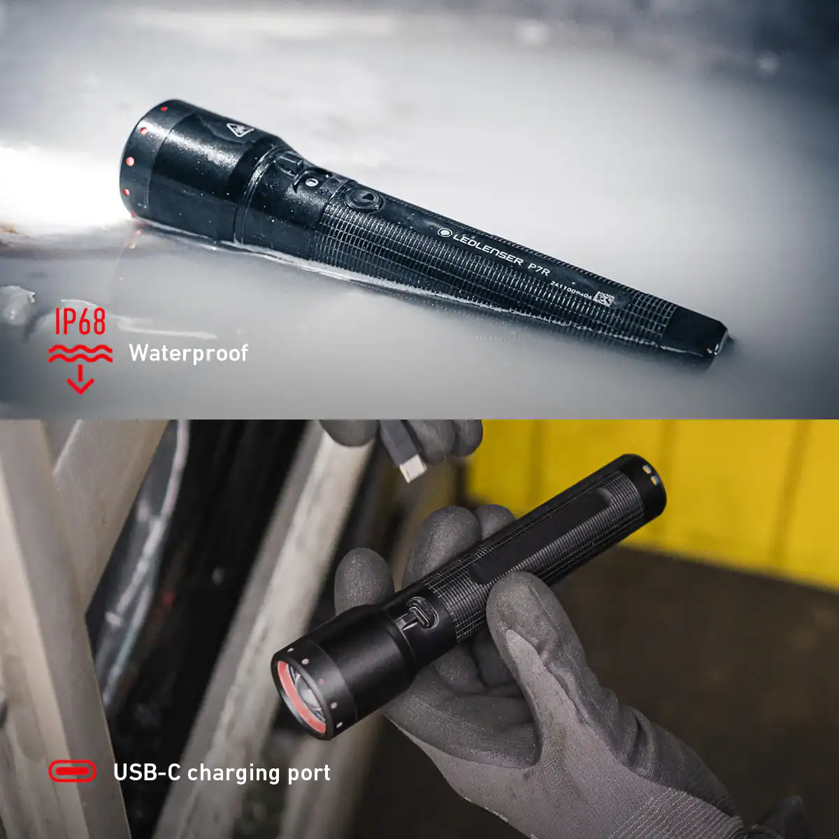 Waterproof LED torch with IP68 rating for rugged outdoor activities.