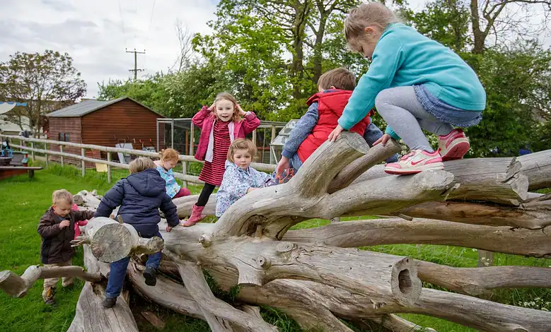 Children enjoying outdoor play on a fallen tree in a park.