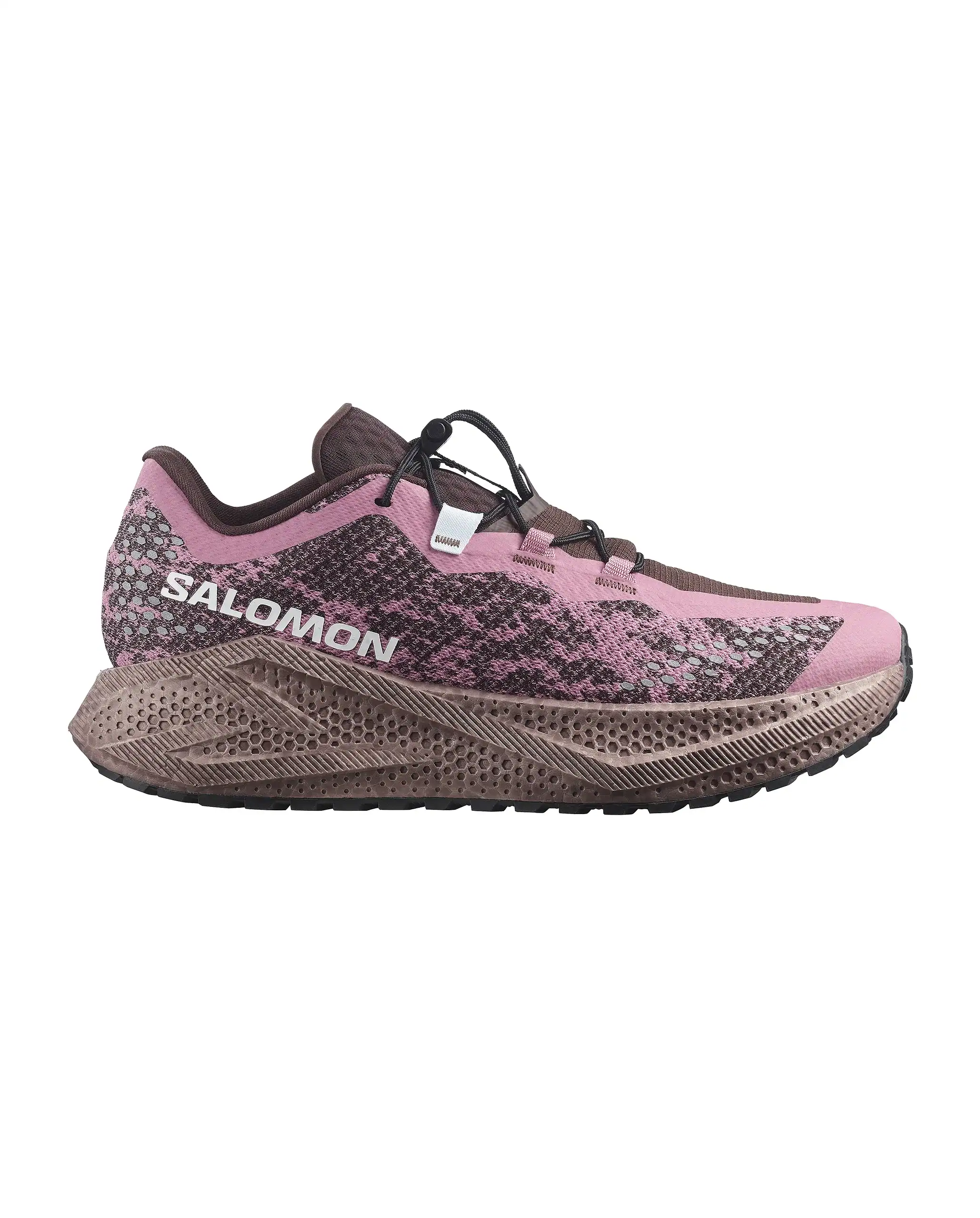 Running shoe in pink and grey with Salomon branding, designed for trail running and outdoor activiti.