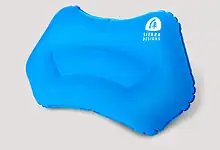 Inflatable blue pool float with Sierra Designs logo for outdoor swimming and relaxation.