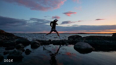 Person jogging on rocky beach during sunset with water and sky in background.