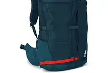 Durable navy blue hiking backpack with red accents for outdoor adventures.