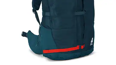 Durable navy blue hiking backpack with red accents for outdoor adventures.