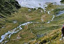 Hiker exploring a lush green mountain trail with streams and scenic views.