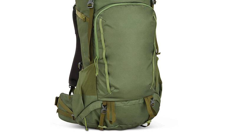 Green outdoor hiking backpack with multiple compartments and adjustable straps.