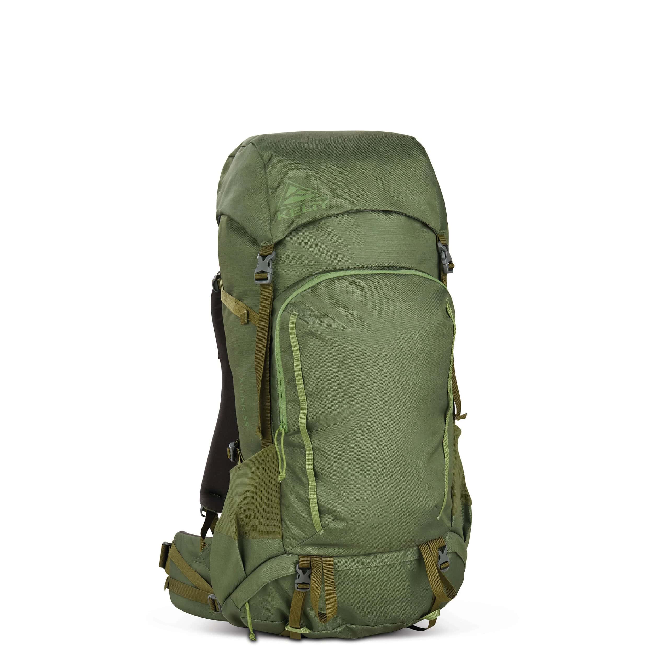 Green outdoor hiking backpack with multiple compartments and adjustable straps.